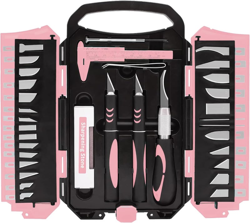 MANUFORE 34pcs Large Exacto Knife Set Pink Deluxe Craft Precision Knife Set Include 3pcs Craft Knives with Anti-Slip Rubber Grip, 25pcs Different Blades, 2pcs Needles, Sharpening Stone, Screwdriver - Image 1